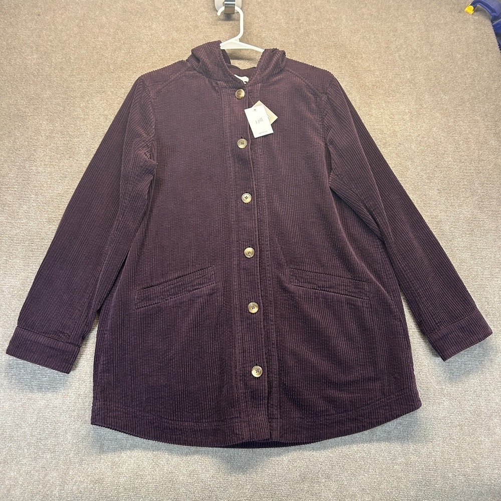 J Jill Hooded Corduroy Jacket Women's XS Button Front Dark Fig Chore Coat NEW